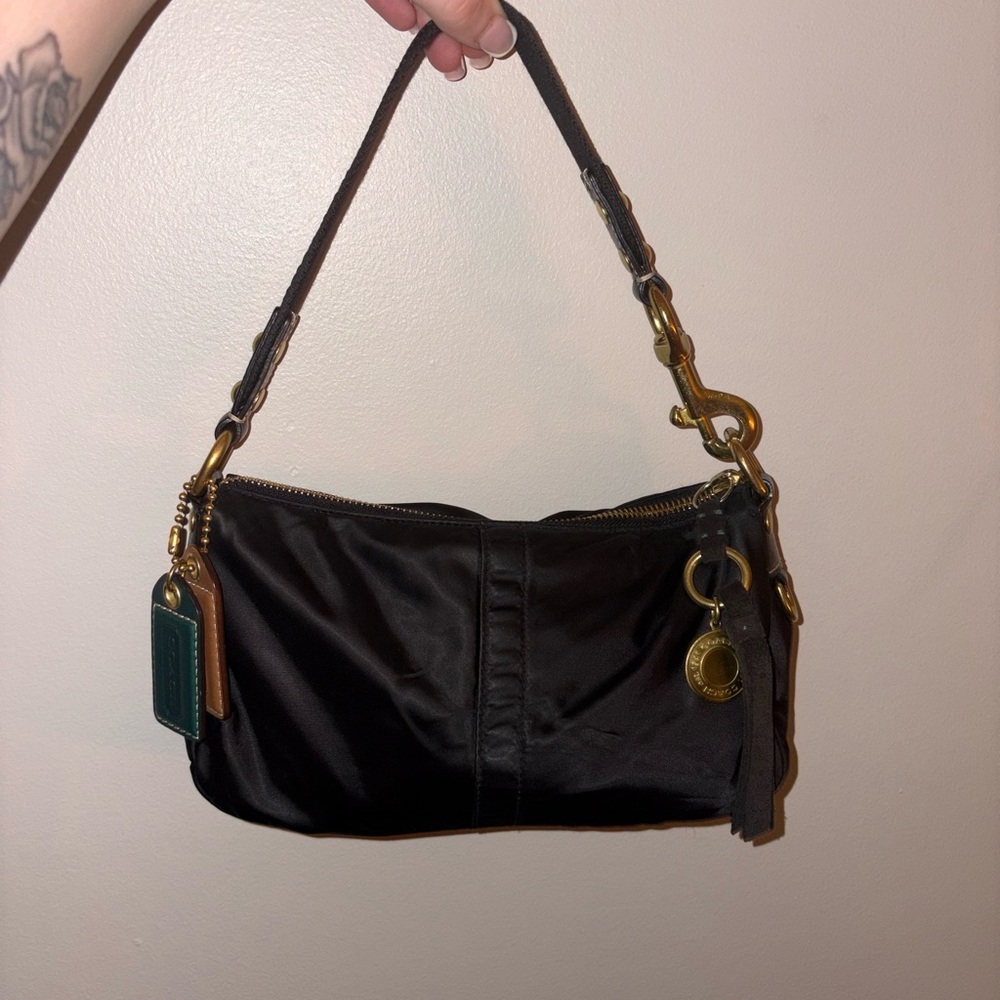Black satin coach shoulder bag